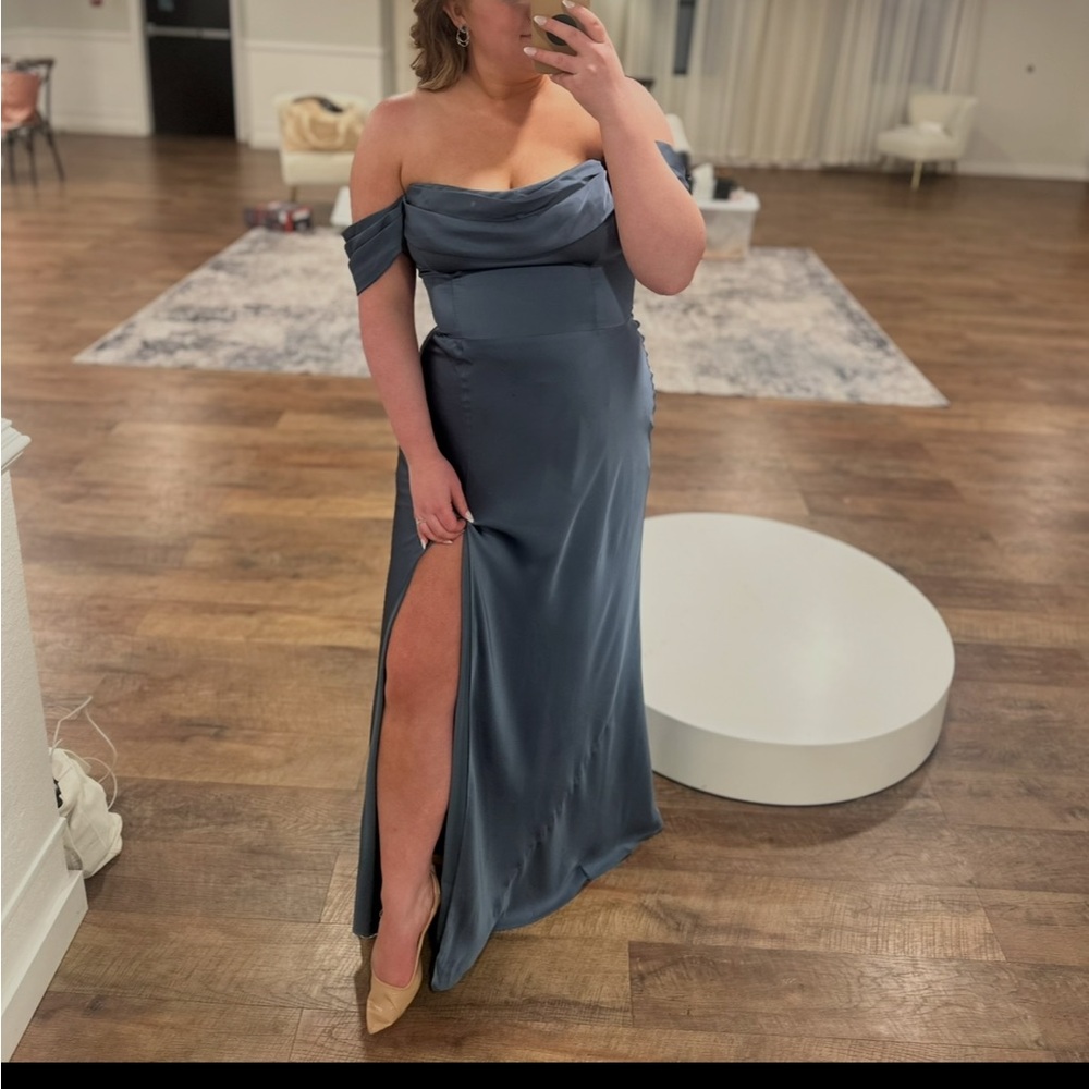 Birdy Grey Satin Off-Shoulder Dress in Blue